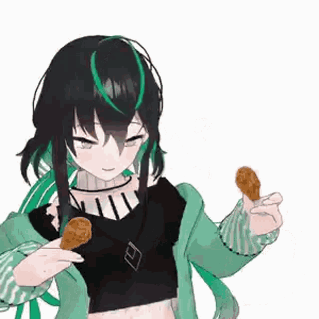 a girl with black hair and green streaks is holding a piece of chicken in her hand .