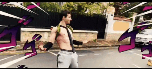 a man without a shirt is standing on a street in a cartoon scene .