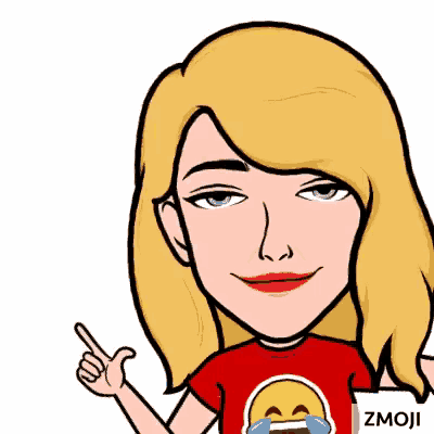 a cartoon of a woman wearing a red shirt with a laughing emoji on it