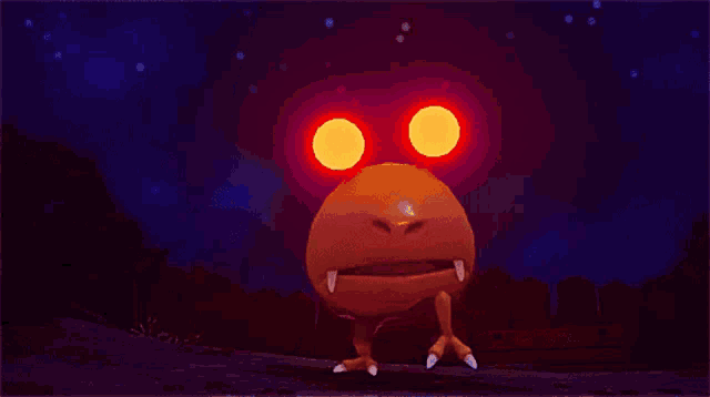 a cartoon character with red eyes and fangs