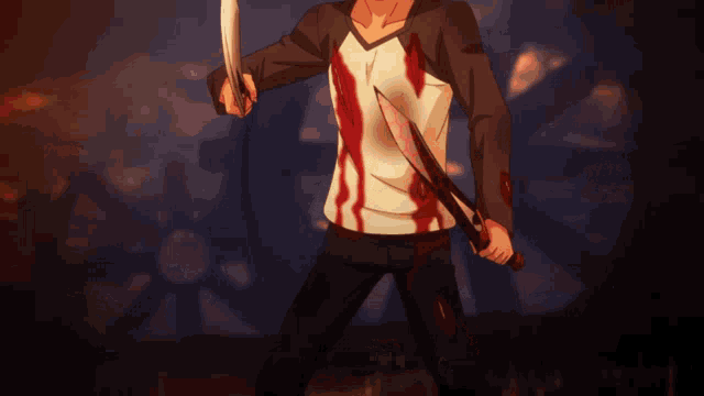 a man with a bloody shirt is holding a knife