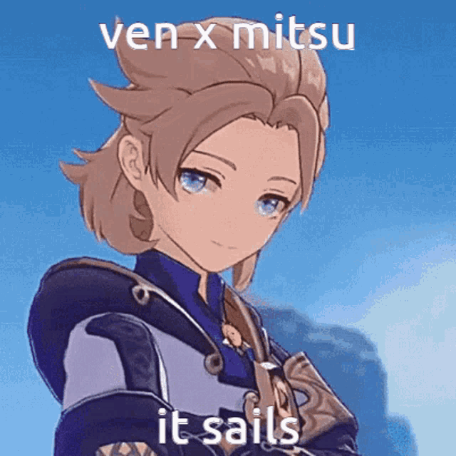 a close up of a anime character with the words ven x mitsu it sails