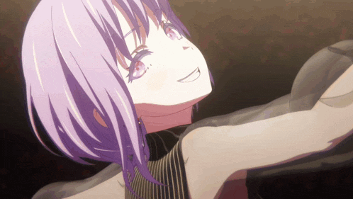a girl with purple hair and blue eyes is smiling and looking up