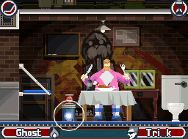 a pixel art game shows a man sitting at a table with a knife and fork and the words ghost and trick visible