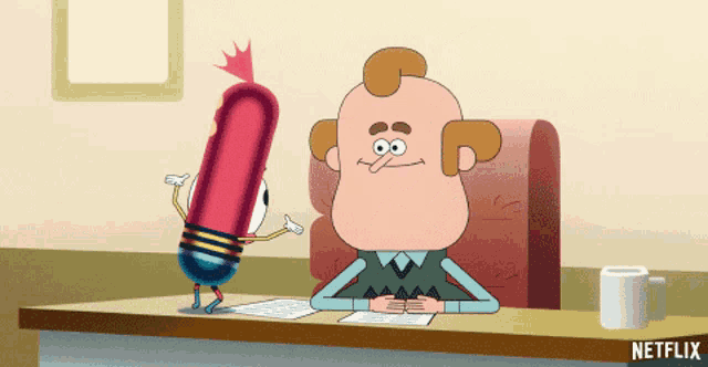 a cartoon character sitting at a desk with a netflix logo on the bottom right