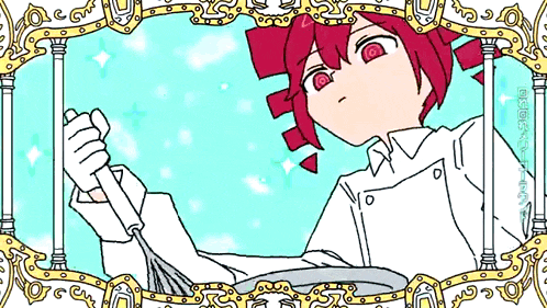 a drawing of a girl with red hair holding a spoon