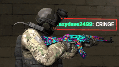 a soldier is holding a rifle with a cringe message above it