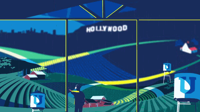 a painting of a man looking out a window at the hollywood sign