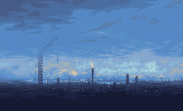 a pixel art of a city with a crane in the distance