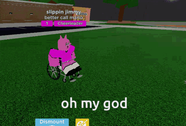 a cartoon character in a wheelchair with the words oh my god on the bottom