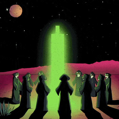 a group of people standing in front of a green tower