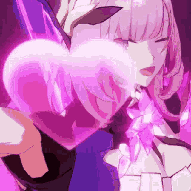 a girl with pink hair is holding a pink heart .