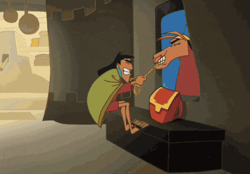 a cartoon of a man with a green cape talking to a horse