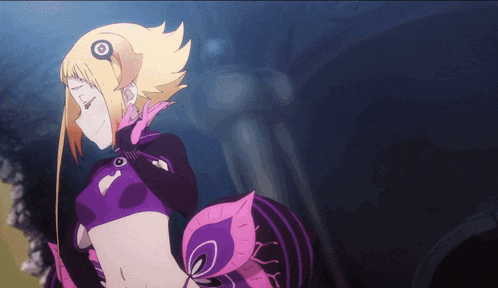 a purple and pink anime character with a yellow haired head