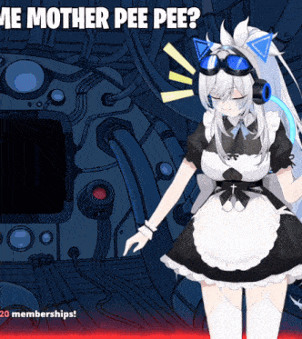 a maid is standing in front of a machine with the words " me mother pee pee " on the bottom