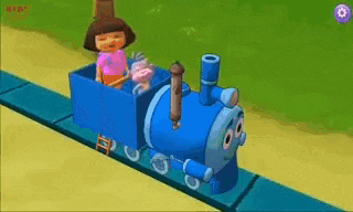 a cartoon of dora the explorer riding a blue train