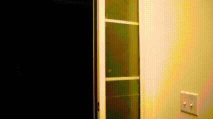 a closet with a glass door and shelves in a room .