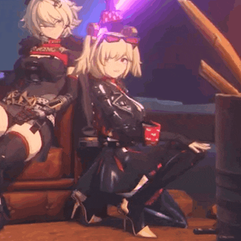 two anime characters are sitting next to each other and one has a red cup in her hand