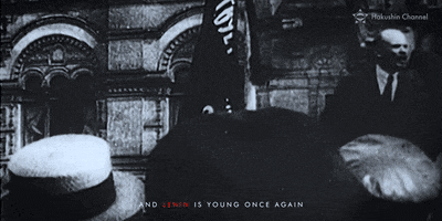a black and white photo of a man with the words " and lenin is young once again " below him