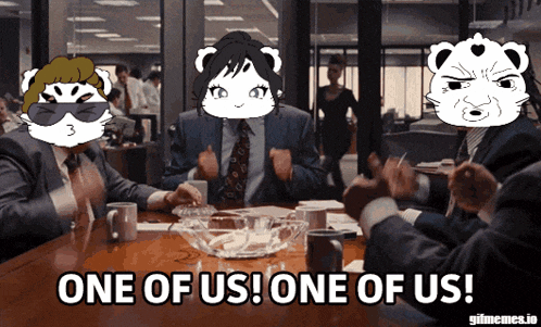 a group of people sitting around a table with one saying one of us one of us