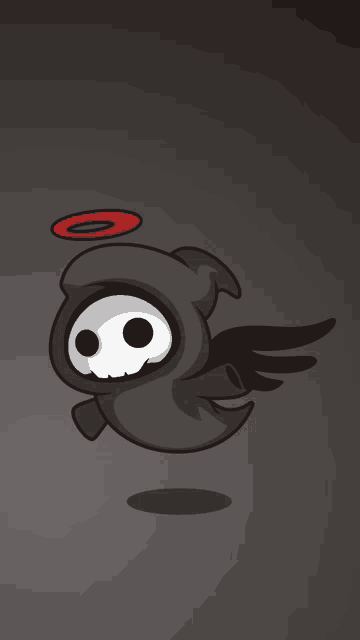 a cartoon grim reaper with wings and a red halo on his head