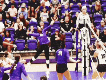 a volleyball player wearing a number 14 jersey jumps in the air