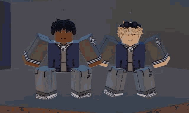 two roblox characters are sitting next to each other in a dark room
