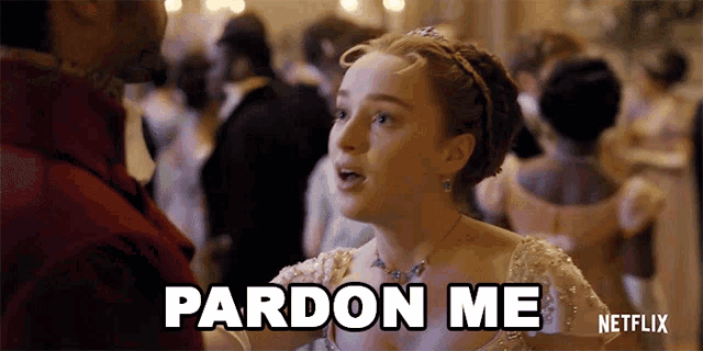 a woman in a ball gown is saying pardon me