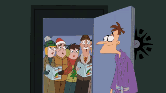 a group of people are singing christmas carols in an elevator