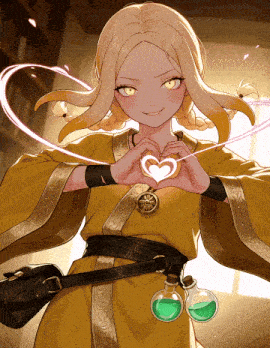 a girl in a yellow robe makes a heart shape with her hands
