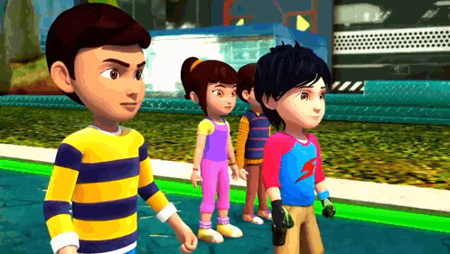 a group of cartoon characters are standing next to each other on a sidewalk