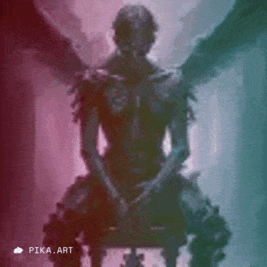 a skeleton with wings is sitting on a chair in a pixelated image .