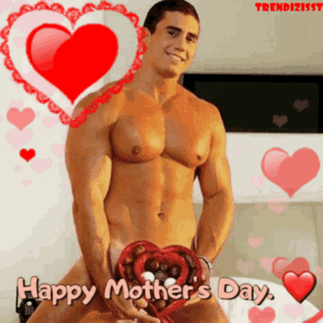 a naked man is holding a heart with the words happy mother 's day on it
