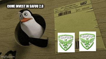 a picture of a penguin with the words come invest in safuu 2.0 on it
