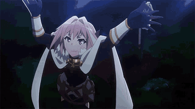 a girl with pink hair is standing in the dark