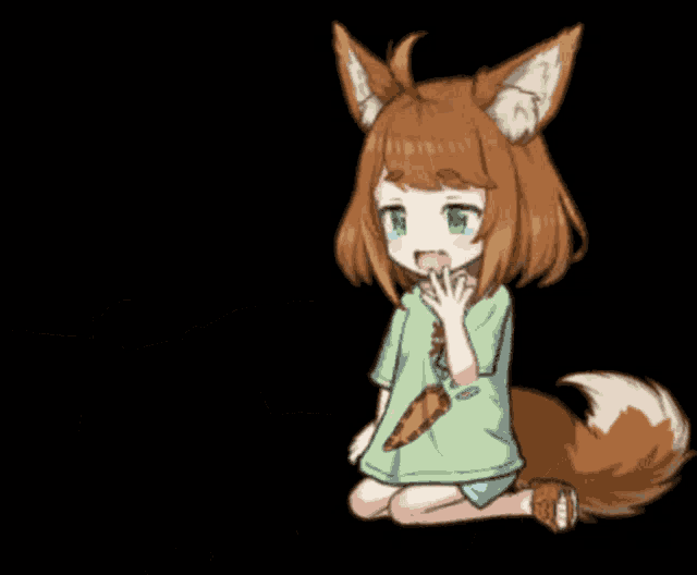 a little girl with fox ears is kneeling down with a carrot in her hand