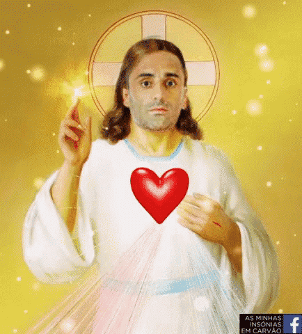 a painting of jesus with a red heart on his chest and a cross around his head