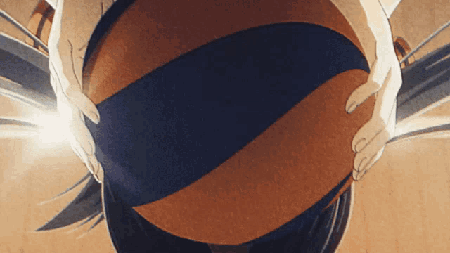 a person holding a basketball with a blue stripe