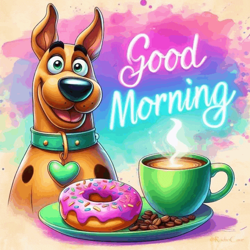 scooby doo has a cup of coffee and a donut on his plate