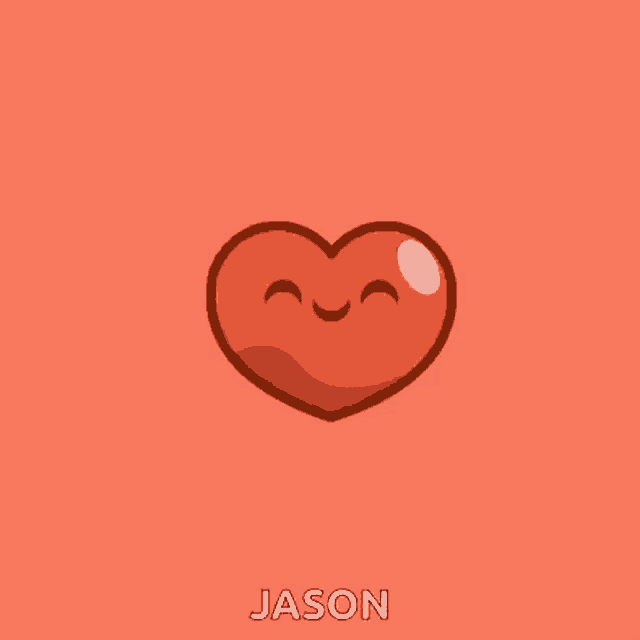 a cartoon heart with a smiling face on a red background with the name jason .