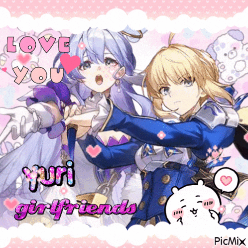 a picture of two anime characters with the words love you yuri girlfriends on the bottom