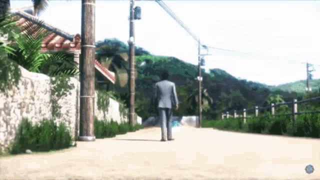 a man in a suit is walking down a dirt road in a video game