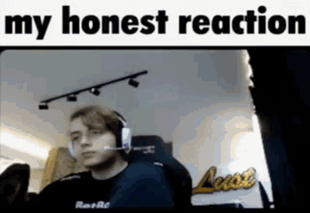 a man wearing headphones is sitting in a chair with the words `` my honest reaction '' written above him .