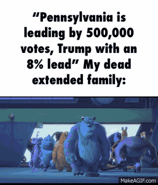 a group of monsters from the movie monsters inc are walking down a hallway