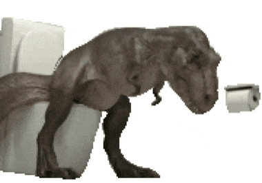 a dinosaur is sitting on a toilet and looking at a roll of toilet paper