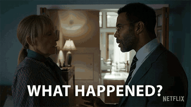 a man and a woman are standing next to each other and the words what happened are on the screen