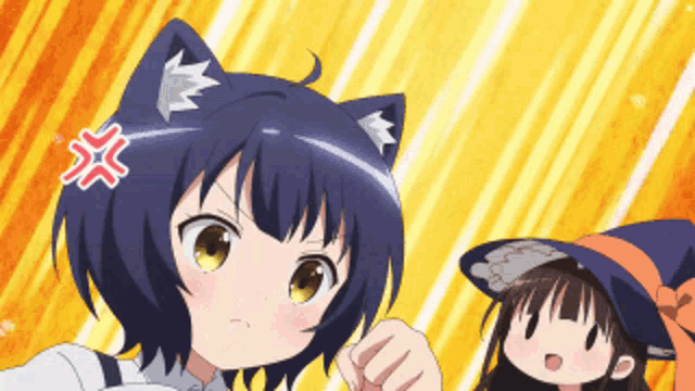 a girl with cat ears and a witch hat is angry