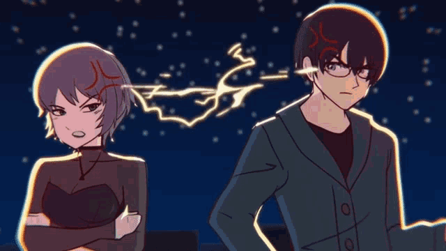 a man and a woman are standing next to each other with a lightning bolt coming out of the man 's head