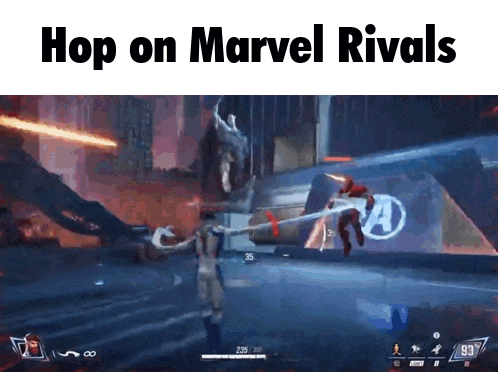 a screenshot of a video game with the words `` hop on marvel rivals '' written above it .