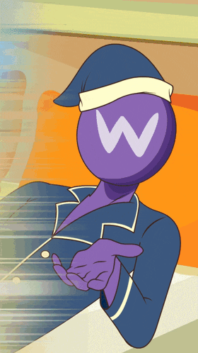 a purple cartoon character with a white w on his face